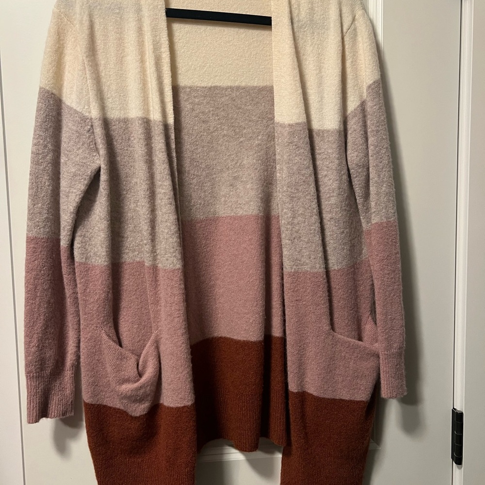 Madewell Striped Open Cardigan in Cream, Pink, and Maroon